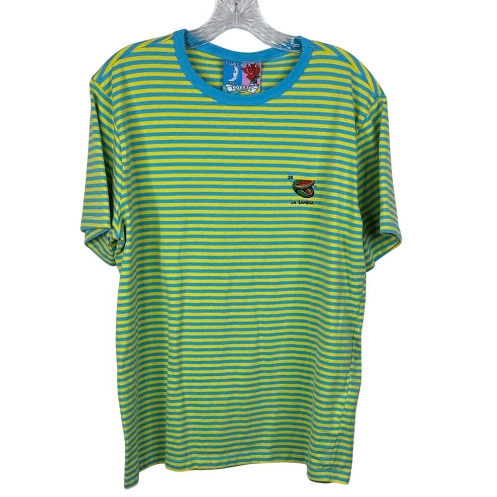 Forever 21 Lotería Don Clemente La Sandia Striped Shirt Men's Large Blue Yellow